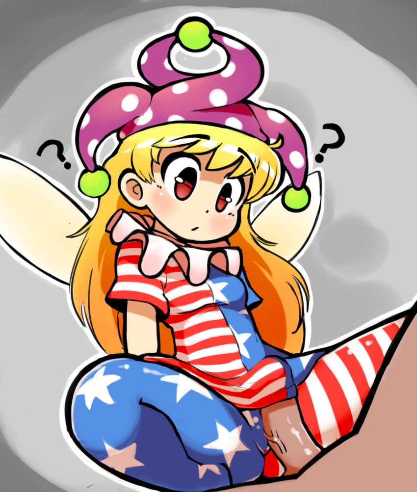 1girls american_flag american_flag_legwear american_flag_shirt blonde_hair blush breasts clownpiece female long_hair male notepaddy penis rubbing spread_legs touhou