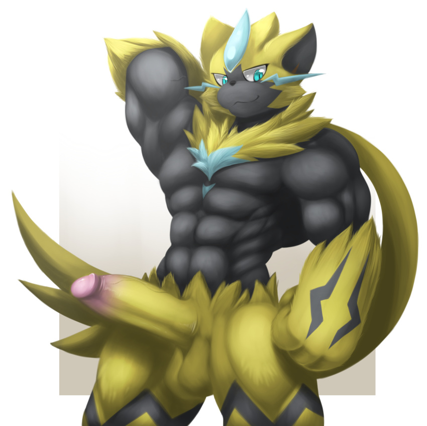 1boy 2018 abs anthro blue_eyes deerrobin erection feline flexing fur furry humanoid_penis male male_only mammal muscular muscular_male nintendo penis pokémon_(species) pokemon pokemon_usm smile solo standing testicles veins veiny_penis video_games yellow_fur zeraora