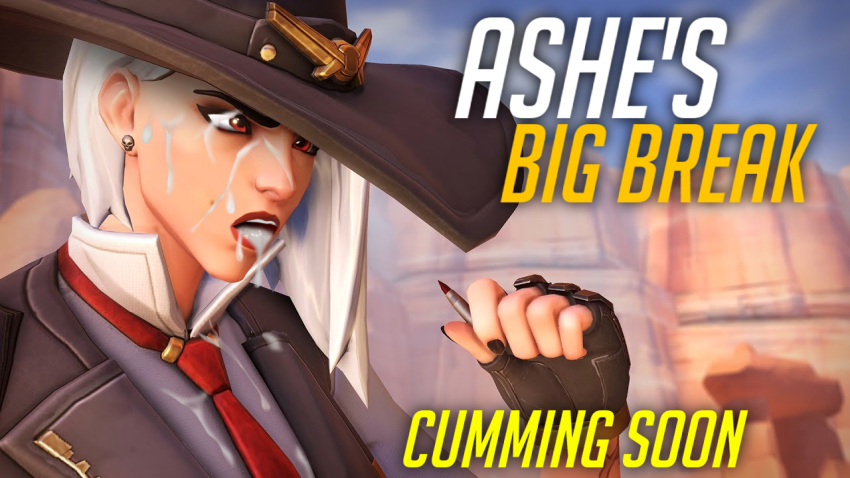 1girls 3d ashe_(overwatch) comicpornnation cowboy_hat cowgirl cum cum_in_mouth cum_on_face cumshot female female_only fingerless_gloves mole_above_mouth necktie overwatch red_eyes solo tease white_hair