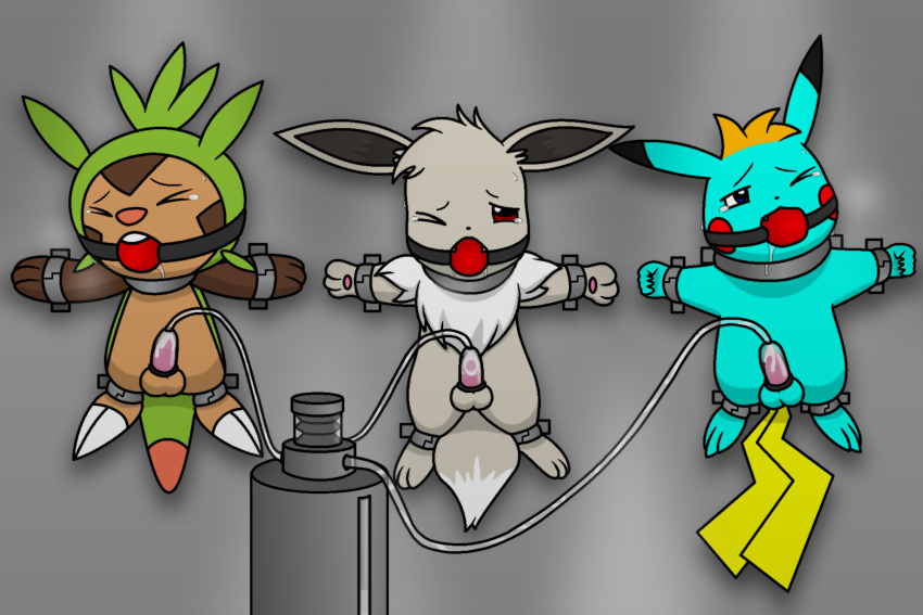 3boys alternate_color anthro ball_gag blue_fur bondage bound brown_fur canine chespin eevee forced forced_orgasm furry gag gagged green_fur grey_fur hi_res jemiejemie1 machine male male_only malesub milking_machine multiple_subs nintendo orgasm original_character penis penis_milking pikachu pokémon_(species) pokemon pokemon_rgby pokemon_xy red_ball_gag rodent shiny_pokemon suction suspension tail tears testicles trimint_the_pikachu video_games yellow_fur