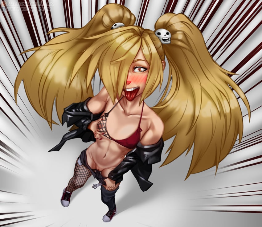 asymmetrical_clothes belt binbougami_ga! blonde_hair blush ebelisk fishnets flashing flat_chest flat_chested hair_ornament hairless_pussy jacket jeans long_hair momiji_(binbougami_ga!) nipple_bulge nipple_piercing nipples no_panties one_breast_out pettanko shaved_pussy shoes skull small_breasts tattoo taunting teeth tongue tongue_out torn_clothes twintails