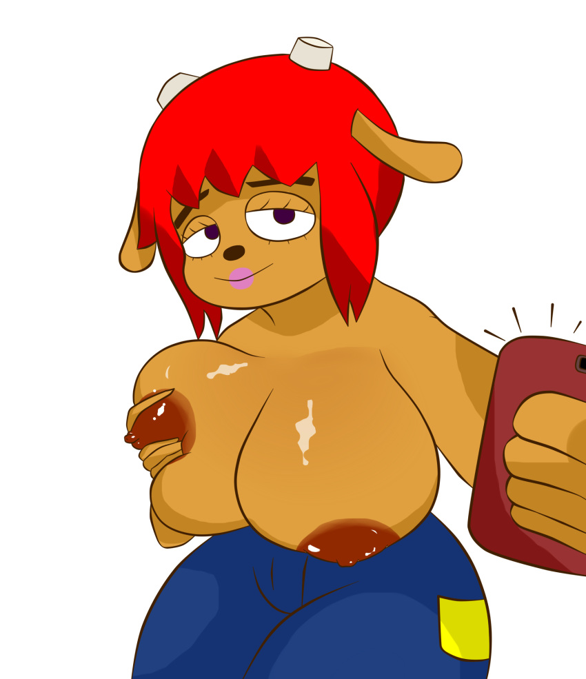 anthro bedroom_eyes big_breasts breast_grab breast_squeeze breasts caprine cellphone clothed clothing female hair half-closed_eyes hand_on_breast jeans lammy_lamb makeup mammal nipples pants parappa_the_rapper phone red_hair seductive selfie sheep topless um_jammer_lammy video_games warioeag