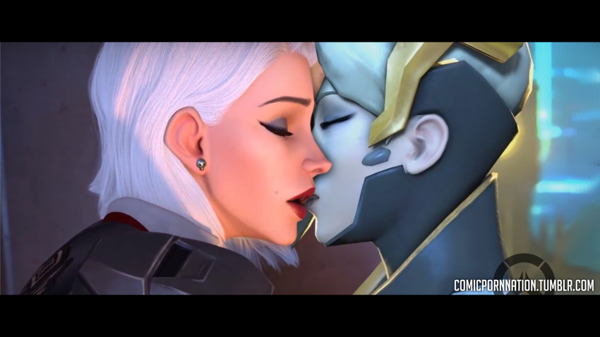 2girls 3d ashe_(overwatch) blizzard_entertainment comicpornnation edit female female_only kissing mercy mole_above_mouth overwatch photoshop source_filmmaker white_hair yuri