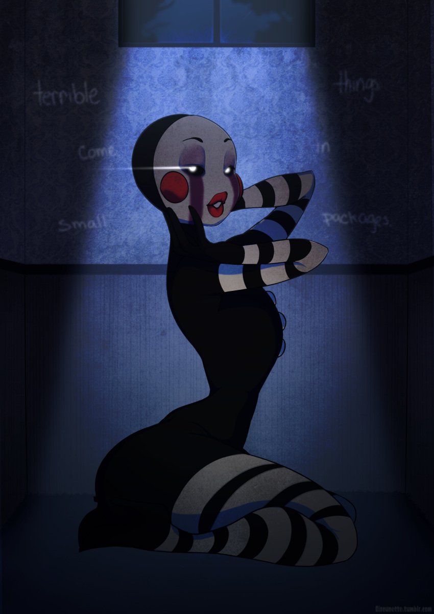 1girls ambiguous_gender bizounette black_sclera black_skin buttons dont_dead_open_inside eyeshadow five_nights_at_freddy's flat_chest glowing_eyes heels high_heels mahmapuu makeup marionette_(fnaf) older_female puppet_(fnaf) stripes tagme tall_female tall_woman text thick_ass thick_lips thick_thighs thin_waist white_face