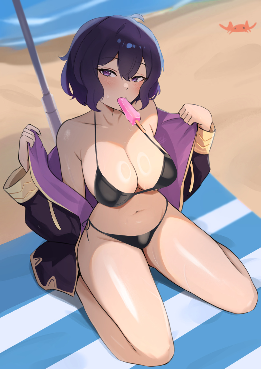 1girls alternate_costume bare_shoulders beach beach_towel beach_umbrella bikini black_bikini black_hair black_jacket black_swimsuit breasts female female female_only fire_emblem fire_emblem_awakening food food_in_mouth highres jacket kneeling large_breasts long_sleeves morgan_(female)_(fire_emblem) morgan_(fire_emblem) morgan_(fire_emblem)_(female) navel nintendo off_shoulder popsicle popsicle_in_mouth purple_eyes purple_hair seiza short_hair sitting solo stomach string_bikini swimsuit thighs towel zet_(twt_zet)