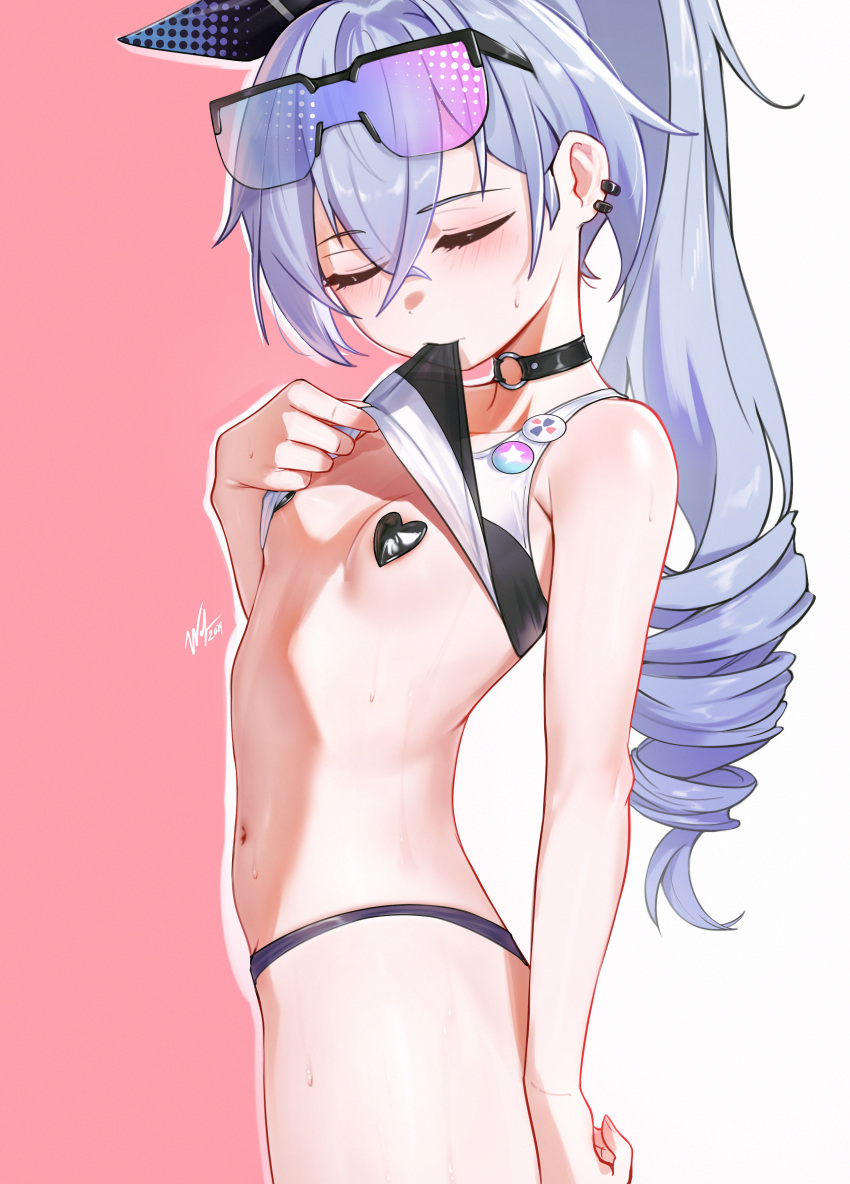 belly belly_button bikini biting_lip biting_shirt blush blushing covered_nipples female female_only honkai:_star_rail honkai_(series) navel petite petite_body petite_female silver_hair silver_wolf_(honkai:_star_rail) small_breasts smaller_female solo solo_female swimsuit undressing waligner white_hair