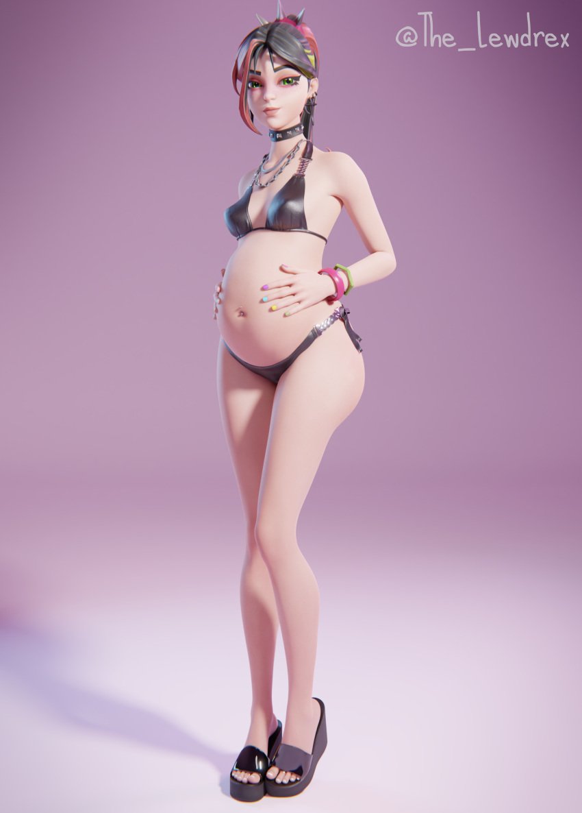 1girls 3d bikini black_hair collar female female_only helsie_(fortnite) lewdrex medium_breasts pregnant red_hair shiny_bikini small_breasts solo_female standing tagme two-tone_hair two_tone_hair