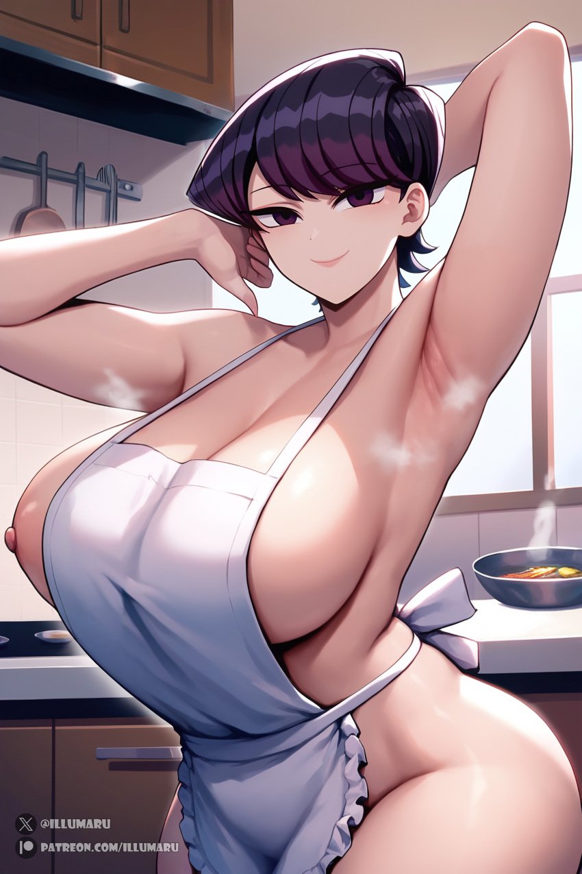 1girls 2024 ai_generated apron apron_lift apron_only armpits arms_up black_hair breasts breasts_out curvaceous curvy curvy_body curvy_female curvy_figure detailed female hi_res huge_breasts illumaru komi-san_wa_komyushou_desu komi_shuuko large_breasts light-skinned_female light_skin looking_at_viewer mature_female milf mother naked naughty_face nipples patreon_username short_hair smile stable_diffusion steam thick_thighs voluptuous voluptuous_female wide_hips wide_thighs