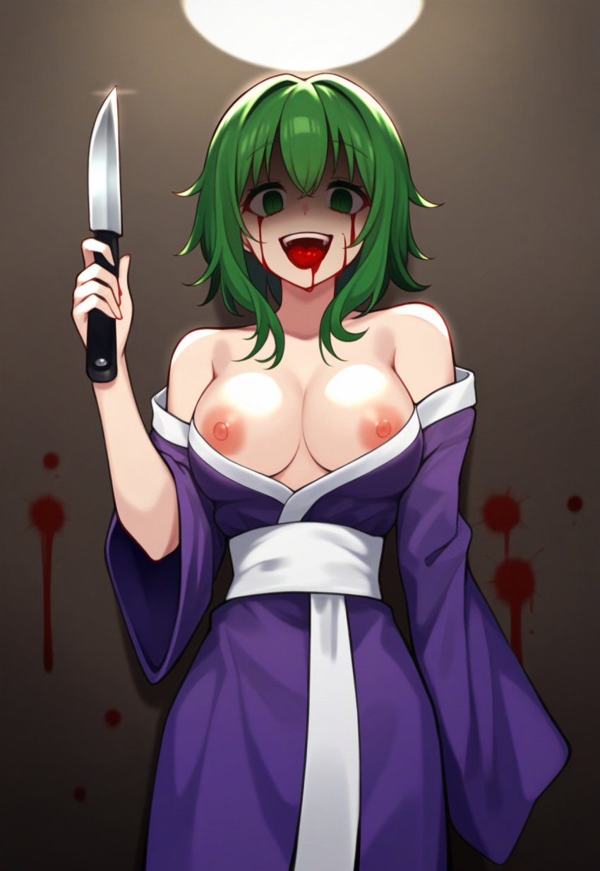 1girls ai_generated bare_shoulders blood blood_from_eyes blood_from_mouth blood_on_wall breasts breasts_out cowboy_shot crazy crazy_smile empty_eyes female female_only green_eyes green_hair gumi guro holding_knife japanese_clothes kimono knife large_breasts long_sleeves looking_at_viewer looking_down masa_works_design medium_hair milua mv_character nipples novelai off_shoulder oni_to_kitsune_no_hanashi onigumo_to_kitsune_no_shishi_to_(vocaloid) open_mouth purple_kimono ryou_shishikusa sash self_upload shaded_face smile solo solo_female tagme teeth vocaloid white_sash wide_sleeves