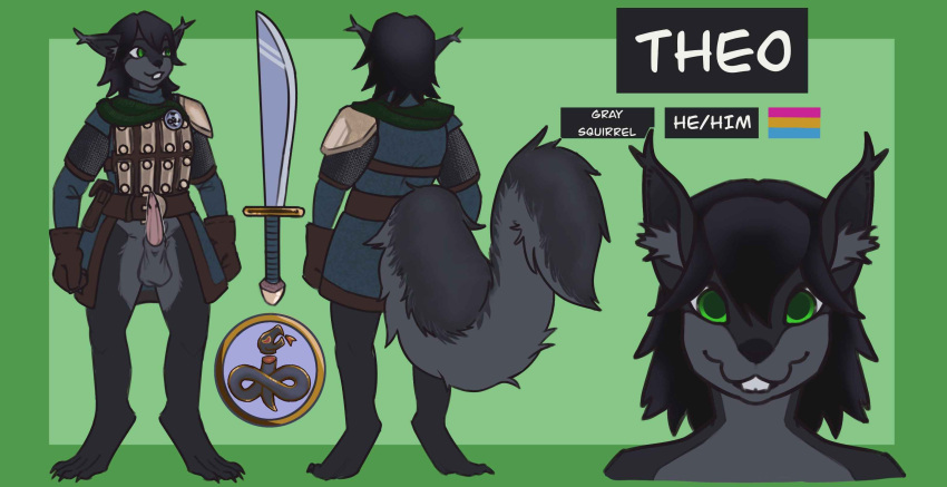 animal_genitalia anthro armor balls black_hair bottomless buckteeth chainmail clothed clothing digitigrade falchion_blade fan_character full-length_portrait fur genitals gloves green_background green_eyes grey_body grey_fur grey_squirrel hair handwear hi_res lgbt_pride male mammal model_sheet pansexual_pride_colors portrait pppanth pride_colors redwall rodent scarf sciurid sheath simple_background solo teeth theo_of_redwall tree_squirrel