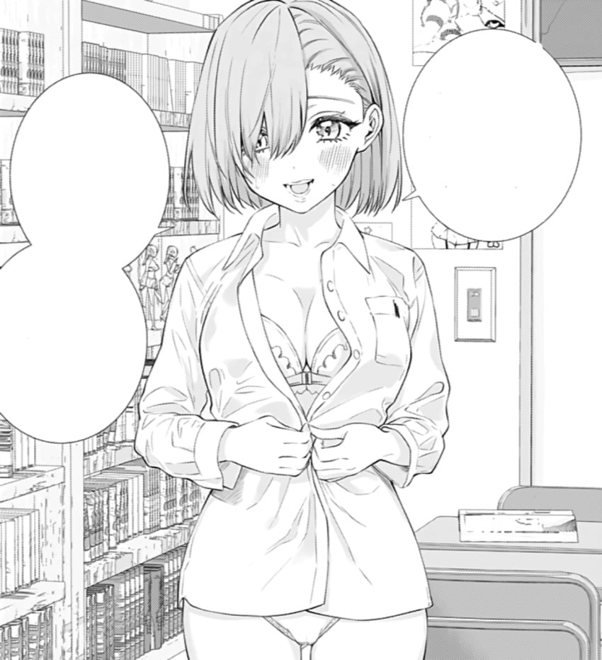 2.5_jigen_no_ririsa amano_ririsa bare_legs bare_thighs big_breasts black_and_white blush bra breasts cleavage collarbone hair_covering_eye hashimoto_yuu lipstick manga no_shorts official_art open_mouth open_shirt panties school shirt short_hair shounen_jump+ smile sweat thighs unbuttoning_shirt undressing