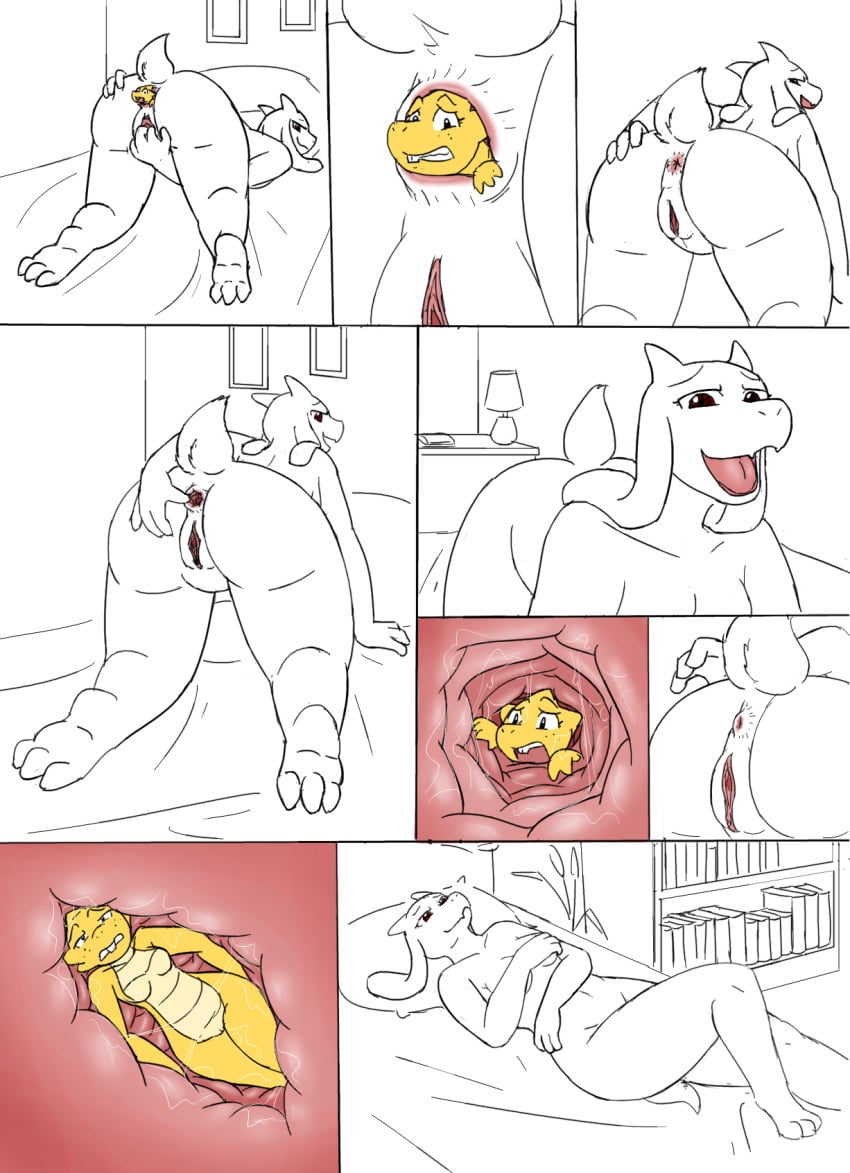 alphys anal_vore anus bed bedroom caprine female female_pred female_prey goat inside larger_female livinlovindude mammal pussy reptile scalie simple_background size_difference smaller_female toriel undertale video_games vore white_background