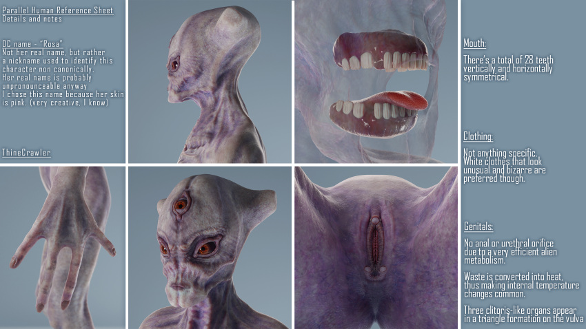 1girls 3_eyes 3d 4_fingers alien alien_girl alien_humanoid clitoris creature_index english_text grey_skin no_anus original pussy reference_sheet rosa_(thinecrawler) text thinecrawler vagina