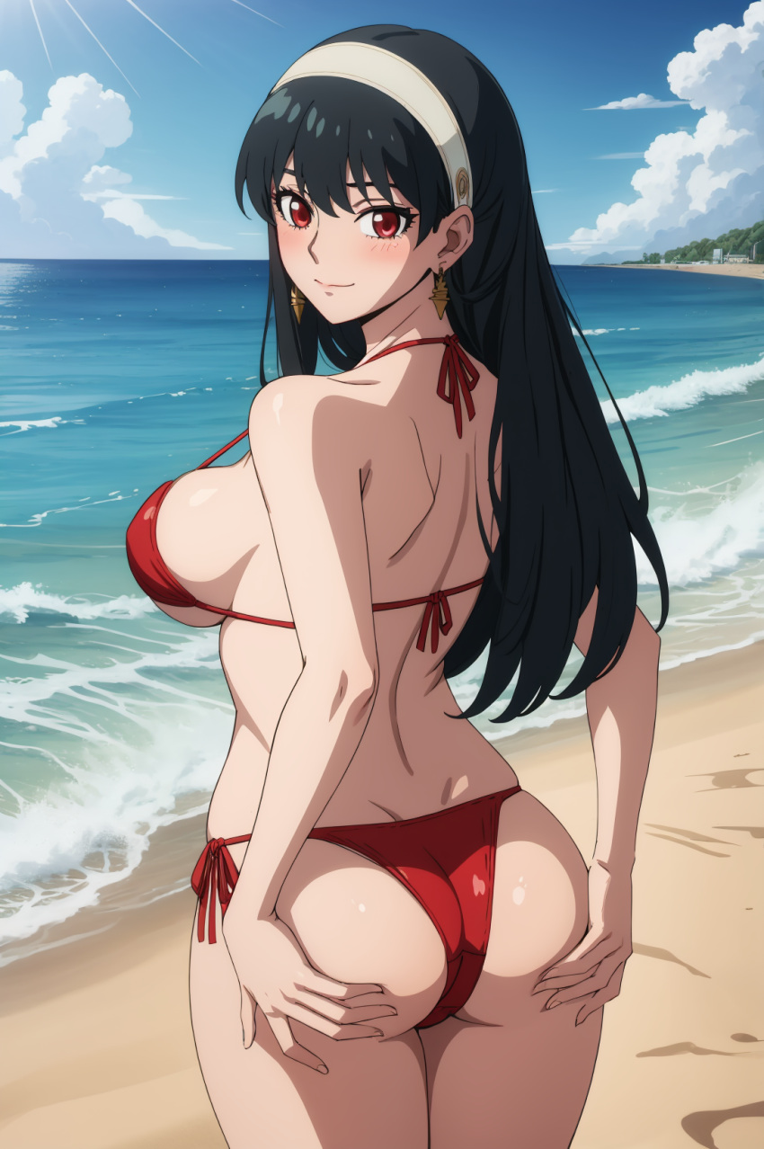 1girls ai_generated aindroidparanoid ass beach bikini black_hair breasts female female_only grabbing_ass huge_ass huge_breasts huge_butt human large_ass large_breasts long_hair ocean outdoors red_eyes solo spy_x_family stable_diffusion straight_hair swimsuit touching_self yor_briar yor_forger