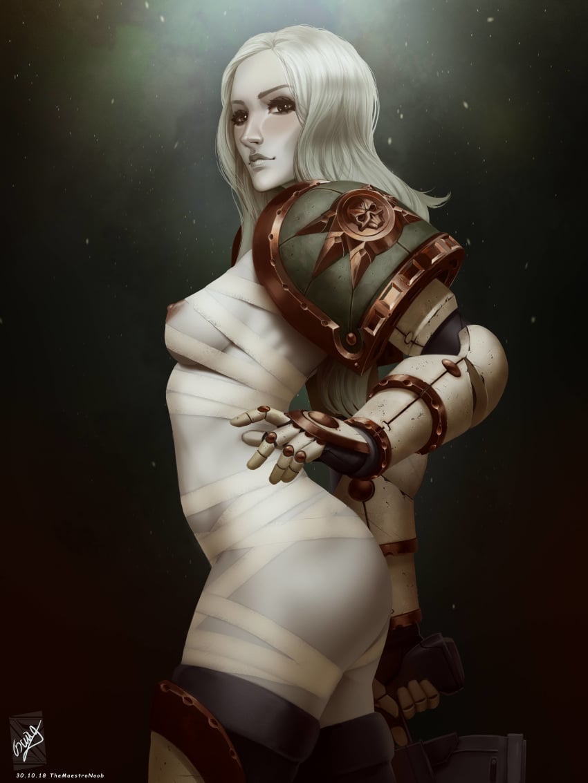 1girls adeptus_astartes areolae armor ass bandage bandages breasts chaos_(warhammer) chaos_space_marine death_guard female female_only female_space_marine functionally_nude gun imperium_of_man looking_at_viewer nipples pale-skinned_female pale_skin pauldrons plague_marine power_armor rule_63 sci-fi science_fiction scifi side_view solo solo_female themaestronoob thighhighs warhammer_(franchise) warhammer_40k weapon white_skin