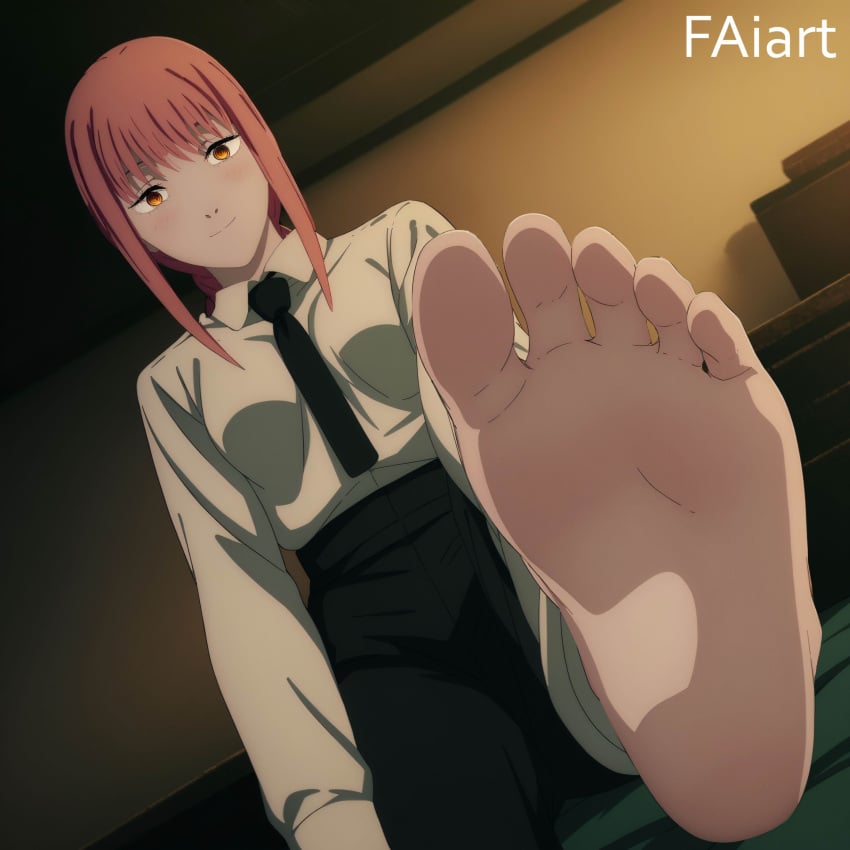 1girls ai_generated chainsaw_man collared_shirt faiart foot_fetish foot_focus from_below looking_down makima_(chainsaw_man) pants red_hair shirt soles white_shirt yellow_eyes