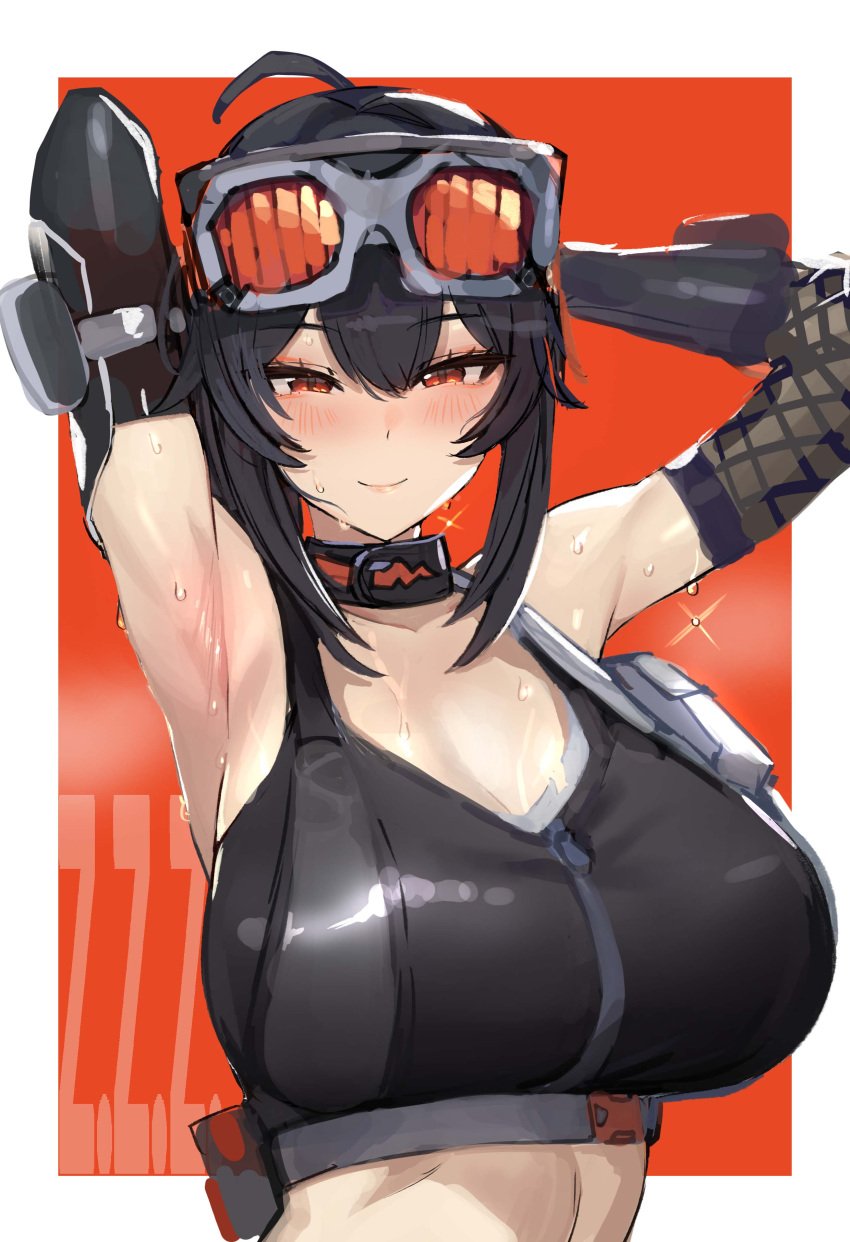 armpits big_breasts black_hair blush breasts clothed female female_only from_side front_view grace_howard hands_behind_head hoyoverse huge_breasts light-skinned_female light_skin looking_at_viewer mihoyo orange_eyes oystar_z3_(kaki_z3) ponytail red_eyes smile smiling smiling_at_viewer solo stretching sweat sweatdrop sweating tagme wet wet_body zenless_zone_zero