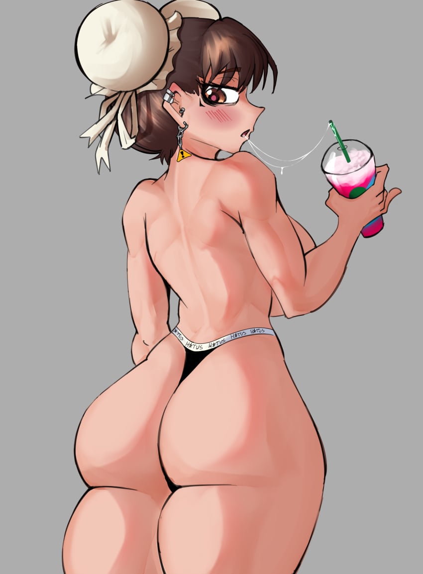 1female asian_female ass back_view capcom chun-li dat_ass from_behind gray_background hatus holding_drink looking_back medium_breasts nude_female panties_only sideboob solo_female street_fighter thick_thighs