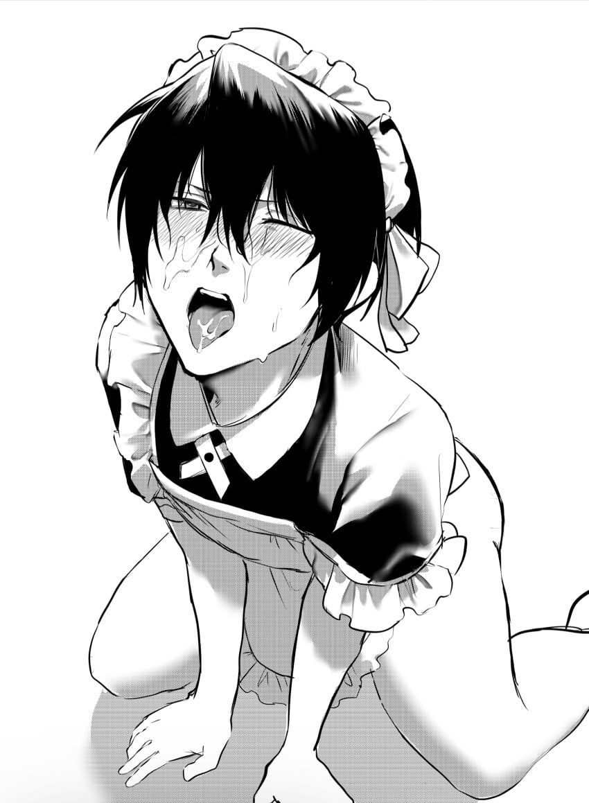 4694tyu_okashi apron blush crossdressing cum cum_in_mouth cum_on_face facial femboy gintama high-angle_view kneeling maid maid_headdress maid_uniform male male_only monochrome one_eye_closed open_mouth screentone shirokuji solo takasugi_shinsuke tongue_out twink