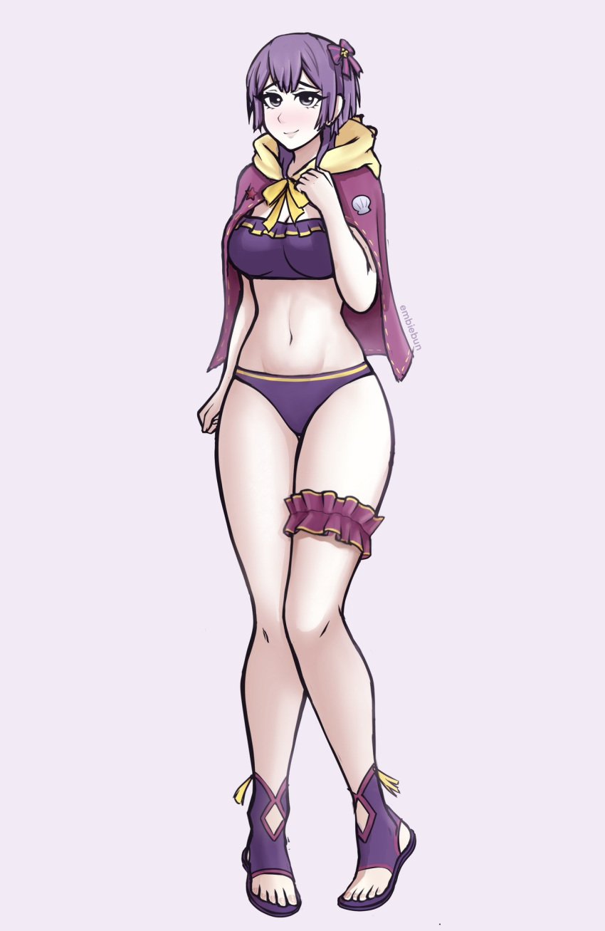 1girls alternate_costume artist_name bernadetta_von_varley bernadetta_von_varley_(summer) bikini blush breasts bridal_garter embiebun embyarts fire_emblem fire_emblem:_three_houses fire_emblem_heroes full_body grey_eyes highres hood long_hair looking_at_viewer medium_breasts midriff navel nintendo official_alternate_costume purple_bikini purple_hair purple_swimsuit sandals simple_background smile solo swimsuit time_skip