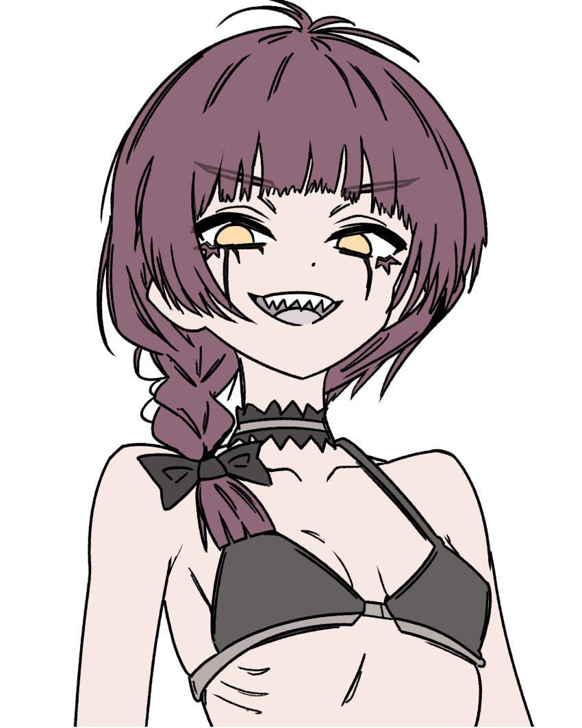 bocchi_the_rock! bra evil_grin ghuler hiroi_kikuri looking_at_viewer pale_skin petite ribs shadow_self_(persona) sharp_teeth small_breasts smile