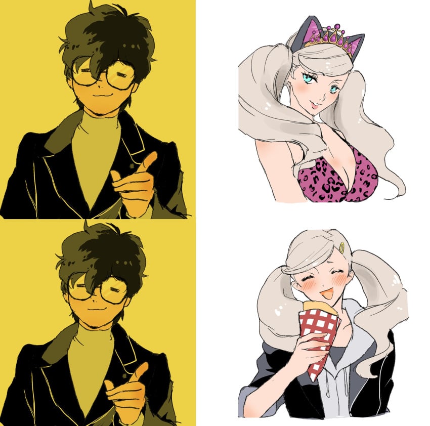 1boys 2girls ann_takamaki big_breasts bimbo blue_eyes cat_ears closed_eyes clothing cognitive_ann crepe crown glasses joker_(persona) leopard_print leopard_print_bikini looking_at_viewer meme meme_reference persona persona_5 persona_5_royal platinum_blonde_hair ren_amamiya school_uniform shin_megami_tensei smile smiling tied_hair twintails