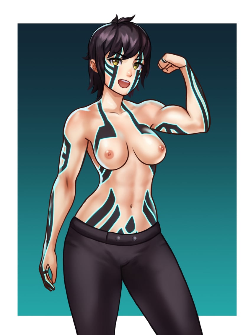 1girls bicep_curl biceps black_hair black_shorts body_markings breasts casual casual_nudity casual_topless collarbone demi-fiend demon demon_girl female female_focus female_only flexing flexing_bicep full_body_tattoo glowing_tattoo looking_at_viewer medium_breasts navel nipples open_mouth pubic_tattoo rule_63 shin_megami_tensei shin_megami_tensei_iii:_nocturne short_hair shorts smile solo solo_female tattoo topless topless_female volibergo yellow_eyes