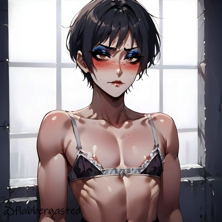 1male ai_generated biting_own_lip blush bra crossdressing dr_flabber eyeshadow femboy feminization freckles_on_face makeup nip_slip nipple_slip prison prison_bitch prisoner self_upload short_hair sissification