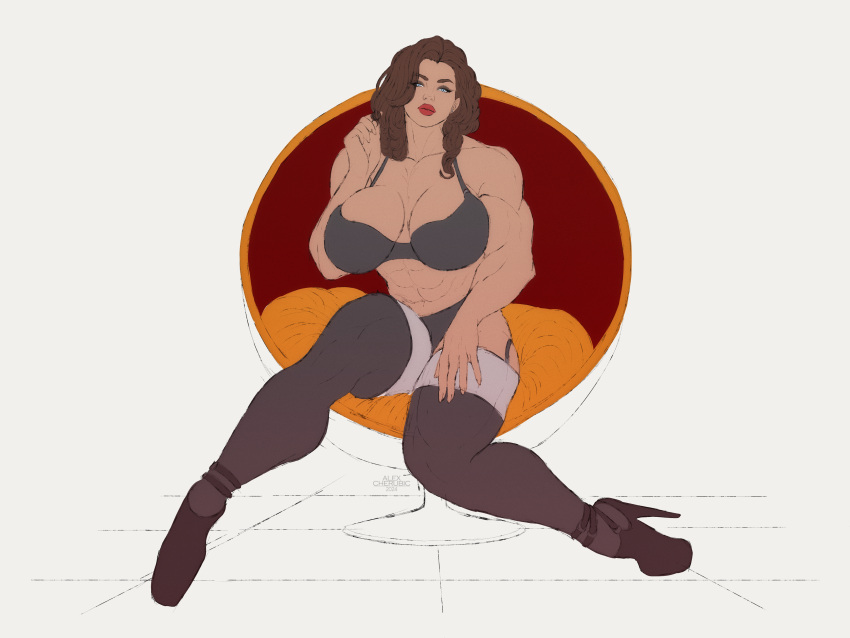 1girls abs alexcherubic breasts breasts breasts brown_hair female female_only flat_colors high_heels lips makeup muscle muscles muscular muscular_female original sketch thick_thighs underwear