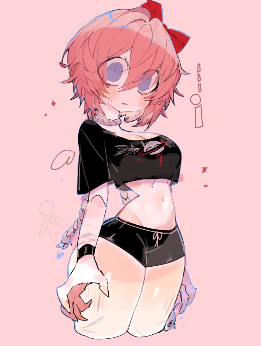 ahoge alternate_costume artist_name ass bangs bare_shoulders belt black_bow black_shirt black_shorts blue_eyes blush bow bracelet breasts chains choker cleavage closed_mouth clothes_writing collarbone cowboy_shot cropped_legs dead_eyes doki_doki_literature_club eyebrows_visible_through_hair female goth goth_girl gradient grey_background hair hair_between_eyes hair_ornament hair_ribbon hairband hairbow hand_up heart jewelry just_sayori long_hair looking_at_viewer medium_breasts medium_hair midriff nail_polish navel noose off-shoulder_shirt off_shoulder open_mouth original panties pink_background pink_bow pink_hair red_bow red_hair red_ribbon ribbon sayori_(doki_doki_literature_club) shiny shirt short_hair short_shorts short_sleeves shorts signature simple_background smile solo standing staring staring_at_viewer stomach t-shirt tagme thigh_gap thighs usa37107692 white_background wristband