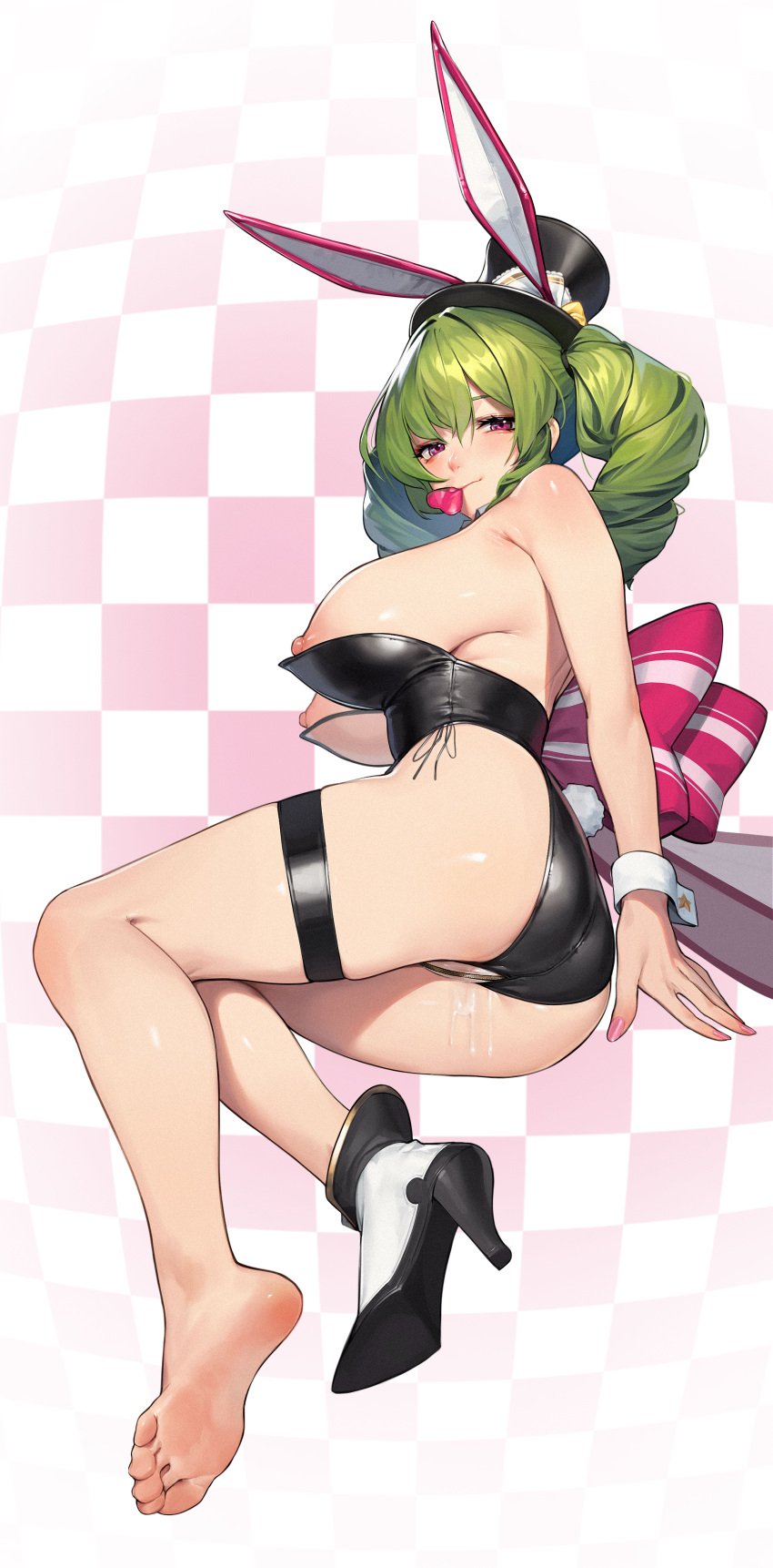 absurdres animal_ears beeeeen black_footwear black_hat black_leotard breasts checkered_background crotch_zipper cum cum_in_pussy drill_hair erato_(last_origin) fake_animal_ears fake_tail female full_body green_hair hat high_heels highres large_breasts last_origin leotard looking_at_viewer lying mouth_hold nipples on_side rabbit_ears rabbit_tail red_eyes single_barefoot solo tail thick_thighs thigh_strap thighs toes top_hat twin_drills white_wrist_cuffs wrist_cuffs zipper