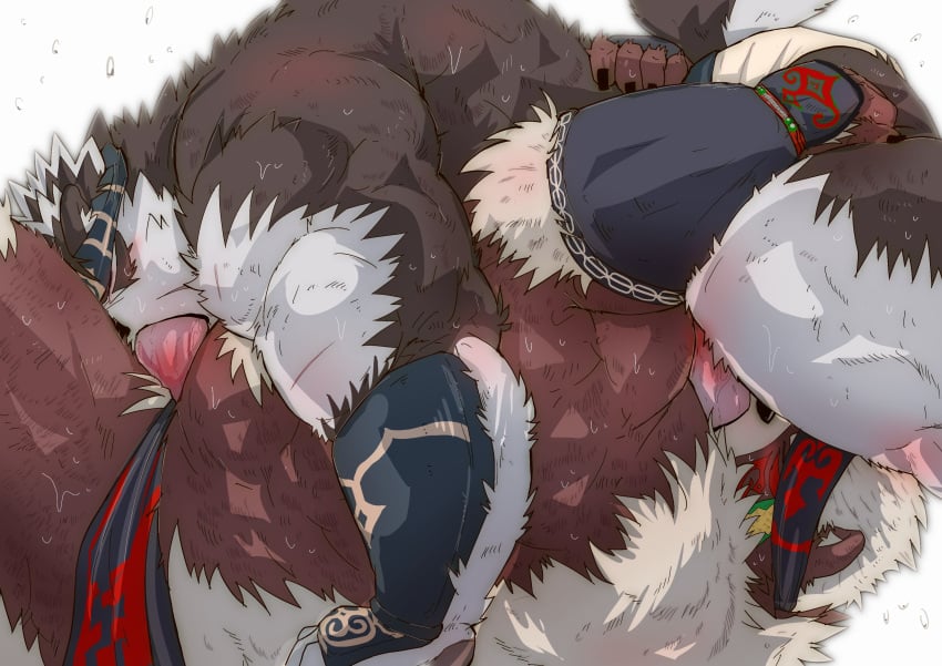 69_position absurd_res anthro bear blush bodily_fluids bottomwear brown_body brown_fur canid canine canis clothing duo fellatio fur genitals grey_body grey_fur hi_res horkeukamui kimun_kamui_(tokyo_afterschool_summoners) lifewonders loincloth male male/male mammal muscular muscular_anthro muscular_male oral penile penis penis_in_mouth sex sweat tokyo_afterschool_summoners wolf yunukopi