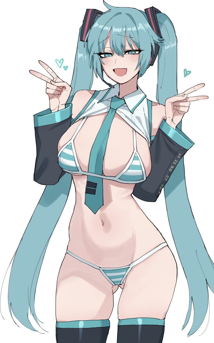 1girls bikini blush collared_bikini hatsune_miku hatsune_miku_(collared_bikini) looking_at_viewer medium_breasts mr.skull peace_sign ratatatat74 striped_bikini striped_panties twintails vocaloid