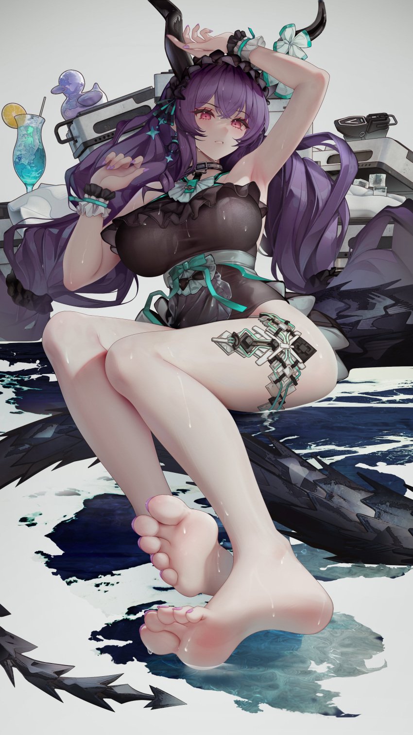 1girls alternate_version_available arknights armpits barefoot big_breasts binggong_asylum breasts cuffs earrings eyelashes feet female female_only foot_fetish foot_focus hand_above_head highres horns kemonomimi legs light-skinned_female long_hair magenta_eyes nail_polish one-piece_swimsuit parted_lips purple_hair purple_nails sitting soles solo swimsuit tagme thigh_strap thighs twintails typhon_(arknights) wet_clothes wet_hair wet_skin white_background