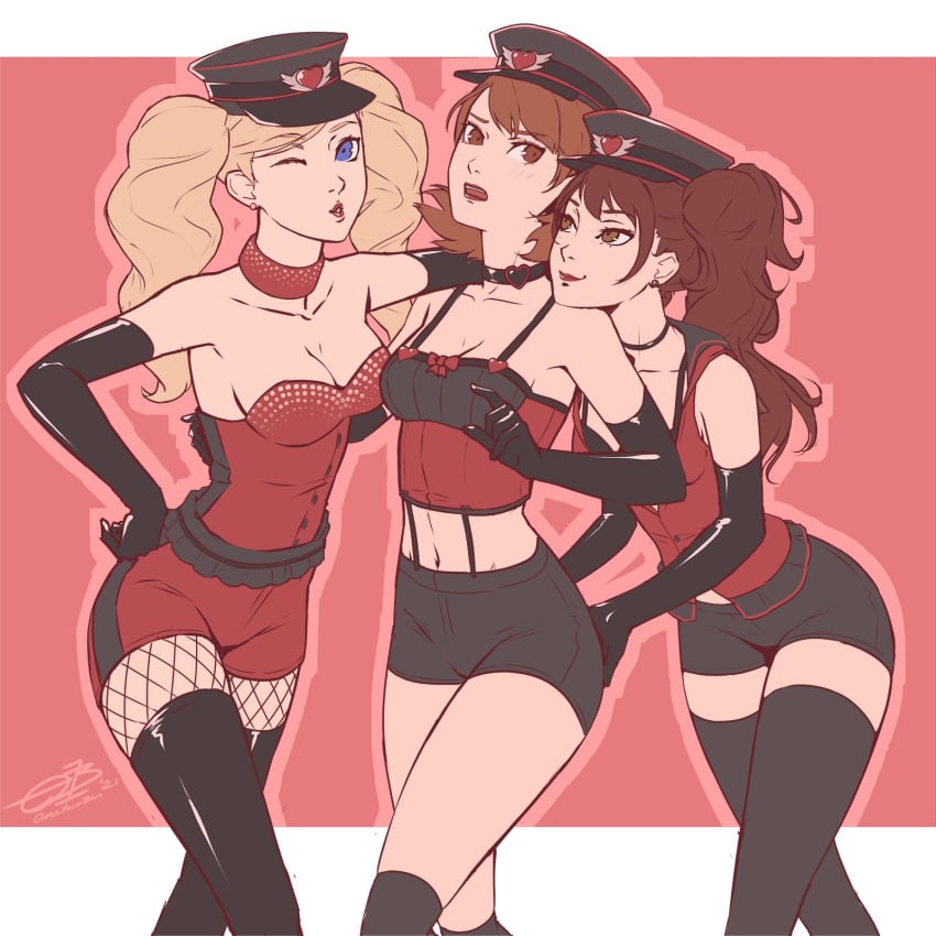 3girls alternate_costume ann_takamaki ass_grab atlus blonde_hair blowing_kiss brown_hair choker cleavage clothed clothed_female clothing crop_top dominatrix female female_focus female_only fishnets fully_clothed hands_on_ass hat hi_res highres human kujikawa_rise light-skinned_female light_skin long_gloves long_hair long_hair_female lovers_arcana megami_tensei midriff omniformblue pale_skin persona persona_3 persona_4 persona_5 persona_5:_dancing_star_night sega shiny_clothes short_hair short_hair_female short_shorts shorts simple_background stockings thighhighs twintails wink winking_at_viewer yukari_takeba yuri