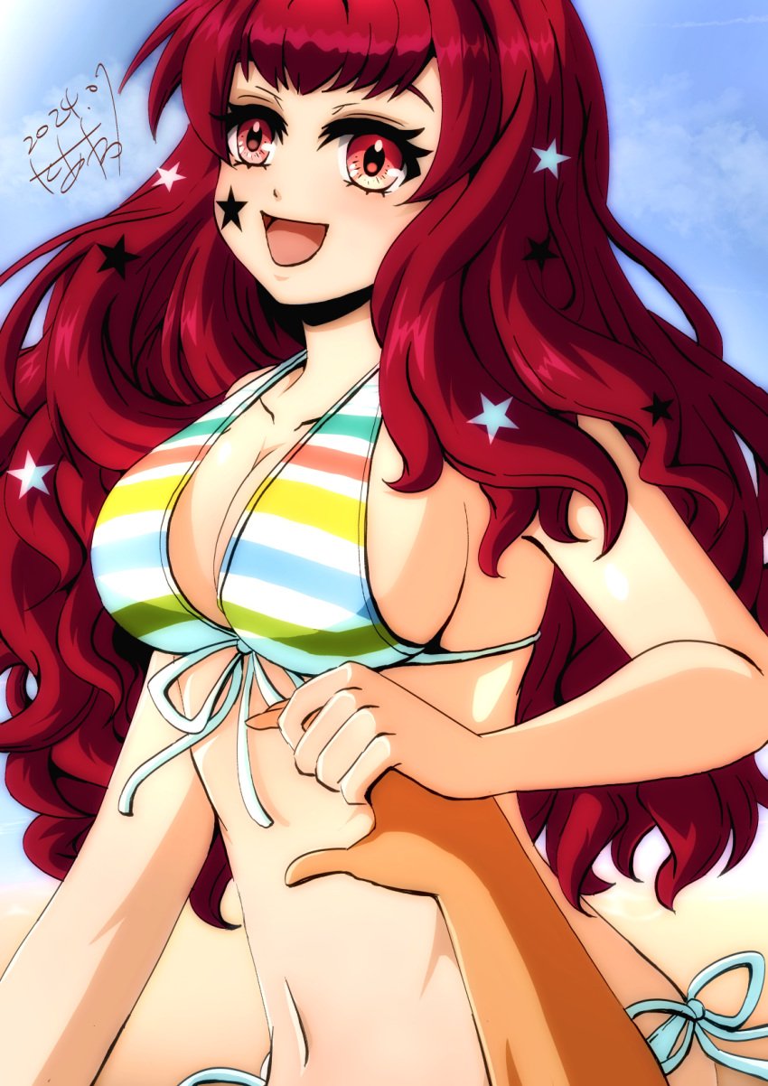 1girls akane_kazami alternate_costume bikini breasts cleavage facial_mark female female female_only fire_emblem fire_emblem_engage front-tie_bikini_top front-tie_top hair_ornament highres holding_hands large_breasts looking_at_viewer nintendo pov red_eyes red_hair sideboob star_(symbol) star_facial_mark star_hair_ornament striped_bikini striped_clothes swimsuit vertical-striped_bikini vertical-striped_clothes yunaka_(fire_emblem)