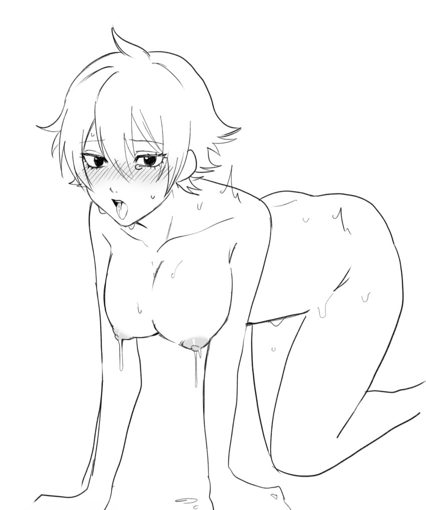 4694tyu_okashi all_fours blush canon_genderswap cleavage completely_nude female female_only genderswap_(mtf) ginko_sakata gintama gintoki_sakata hanging_breasts looking_at_viewer medium_breasts monochrome nude open_mouth rule_63 shirokuji short_hair sketch solo sweat tongue_out