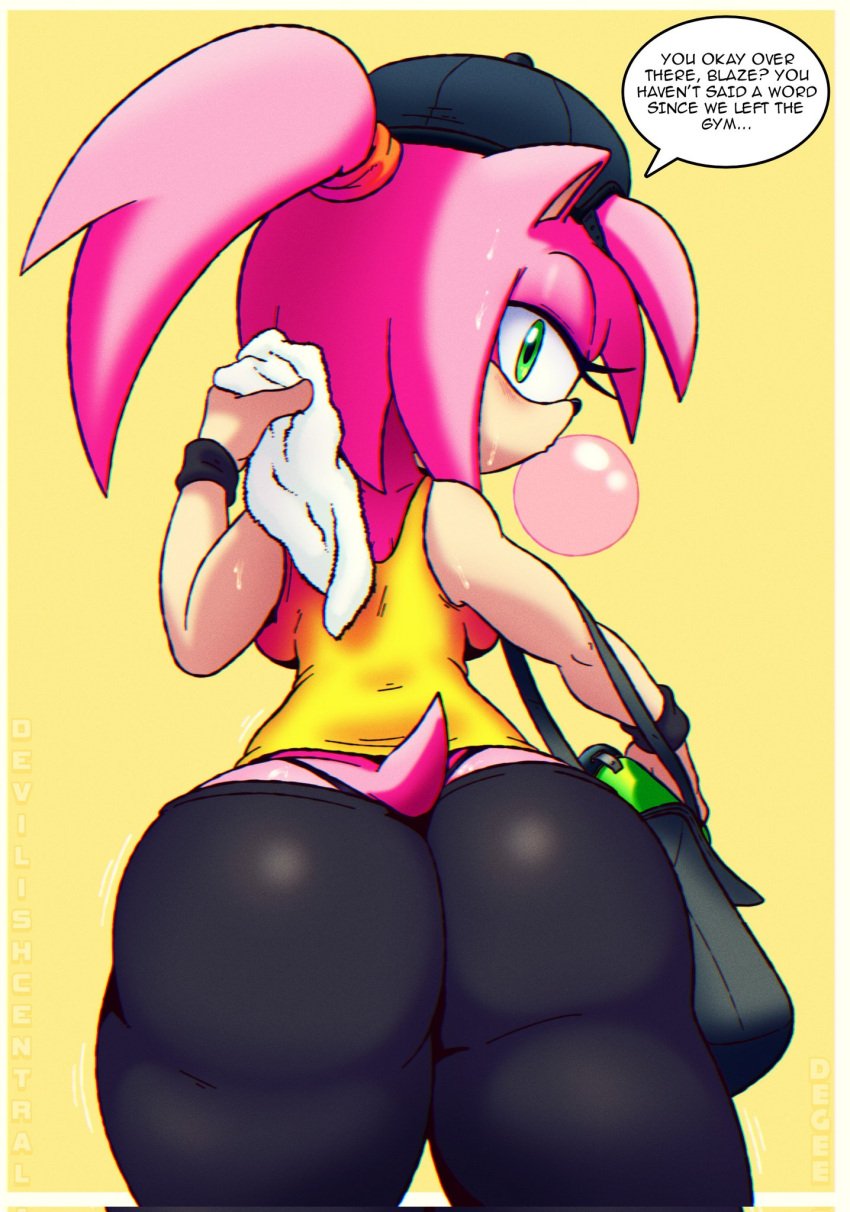 1girls amy_rose anthro ass bubble_butt deegee female green_eyes gym_clothes hedgehog hedgehog_girl leggings looking_at_viewer looking_back mobian_(species) pink_hair ponytail rodent sonic_(series) talking_to_another