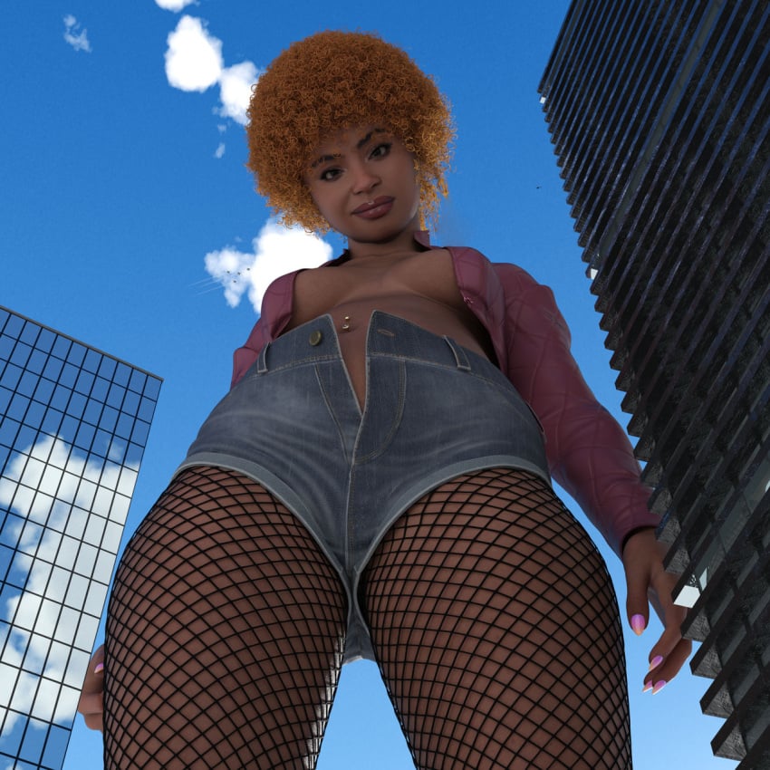 1girls 3d 3d_(artwork) breasts celebrity curly_hair dark-skinned_female dark_skin female female_focus female_only fishnet_legwear fishnets giantess ice_spice looking_at_viewer open_shirt open_shorts real_person shorts smile smiling smiling_at_viewer solo solo_female solo_focus timeparadox33