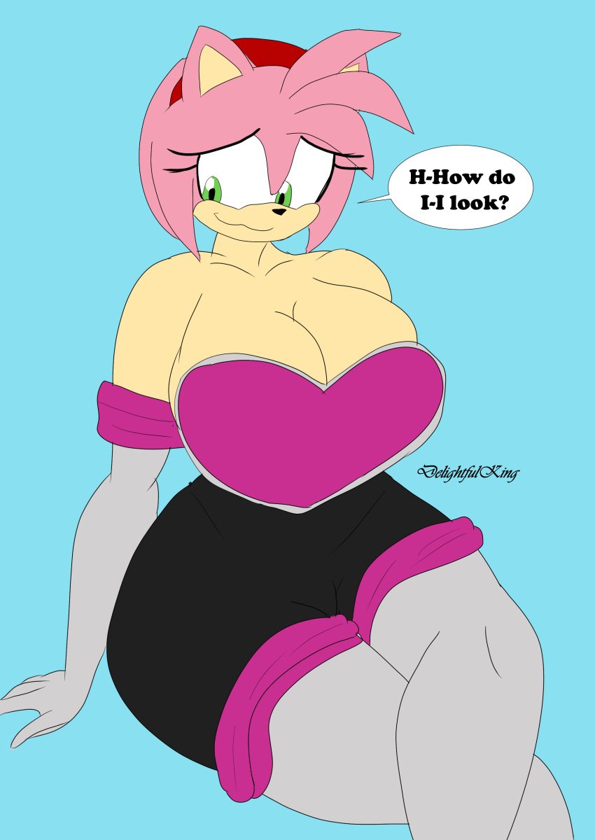 1female 1girls amy_rose amy_the_bat big_boobs big_breasts big_tits bodysuit busty curvy female female_furry furry_female hedgehog hedgehog_girl neckline rouge_the_bat_(cosplay) shy_girl sonic_(series) spandex_suit storydelight thick_legs thick_thighs