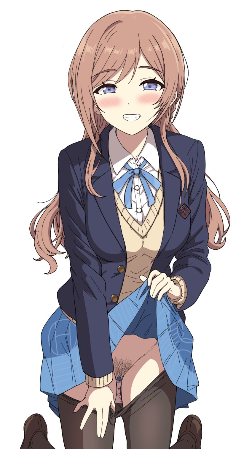 :d aji_1332 black_pantyhose blazer blue_jacket blue_ribbon blue_skirt blush brown_footwear brown_hair clenched_teeth clothes_lift clothes_pull commentary_request dress_shirt female female_pubic_hair gakuen_idolmaster grin half-closed_eyes hatsuboshi_gakuen_school_uniform highres himesaki_rinami idolmaster jacket kneeling lifting_own_clothes long_hair long_sleeves looking_at_viewer neck_ribbon open_clothes open_jacket panties panty_pull pantyhose pantyhose_pull pink_panties pleated_skirt pubic_hair ribbon school_uniform shirt simple_background skirt skirt_lift smile solo sweater teeth thighs underwear white_background white_shirt wing_collar yellow_sweater