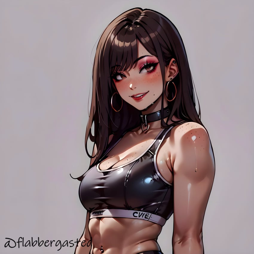 ai_generated belly_button_piercing clothing collar dr_flabber ear_piercing freckles freckles_on_breasts freckles_on_face freckles_on_shoulders gym_uniform hoop_earrings makeup self_upload sports_bra sportswear sweat