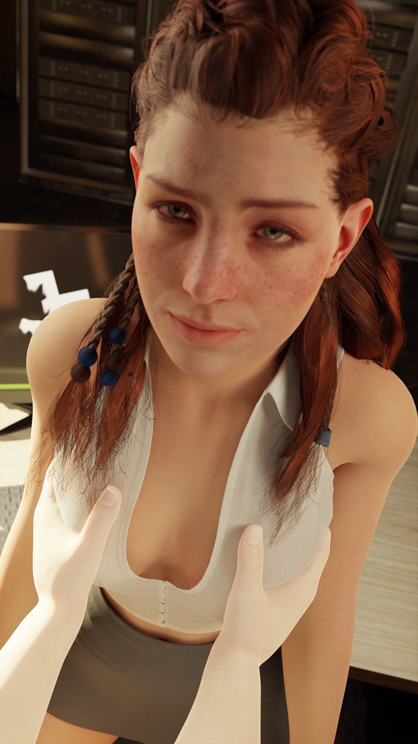 1boy 1boy1girl 1girl1boy 1girls 3d 3d_(artwork) 3d_artwork 3d_model aloy black_skirt cgi cgi_girl clothed clothed_female computer computer_monitor female green_eyes guerilla_games horizon_forbidden_west horizon_zero_dawn interior interior_background interior_scene interior_view inviting_to_sex junkerz long_hair looking_at_viewer no_bra no_panties office office_clothing office_lady red_hair sony_interactive_entertainment standing through_clothes touching_breast white_shirt