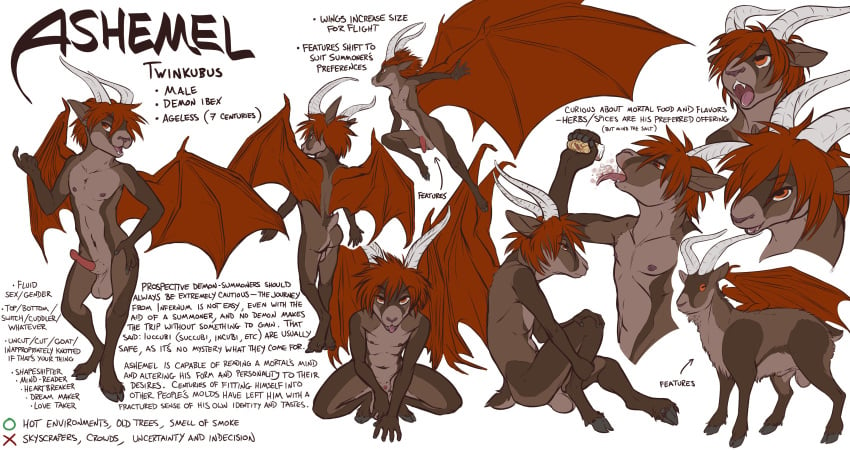 animal_genitalia animal_penis caprine caprine_penis cloven_hooves demon digitigrade fangs feral goat hair hooves horizontal_pupils horn looking_at_viewer mammal membranous_wings model_sheet nipples nude penis red_hair smile tongue tongue_out unimpressive wings