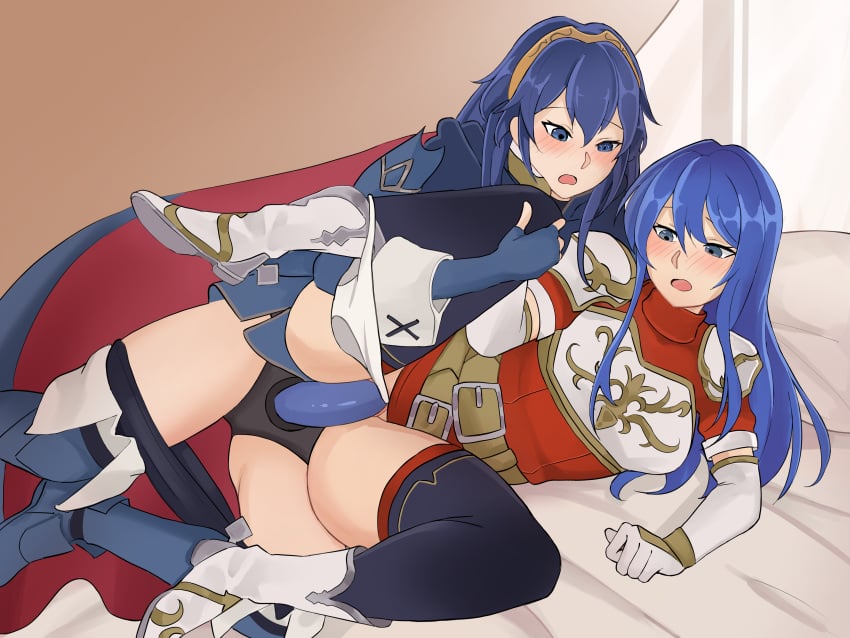 2girls ancestor_and_descendant armor ass_visible_through_thighs bare_thighs bed bellfonts blue_eyes blue_hair blush boots breasts caeda_(fire_emblem) cape clothed_sex female female_only fire_emblem fire_emblem:_mystery_of_the_emblem fire_emblem:_shadow_dragon_and_the_blade_of_light fire_emblem_awakening incest indoors large_breasts leg_grab leg_up long_hair lucina_(fire_emblem) multiple_girls nintendo on_bed on_side open_mouth panties panties_around_leg pants pants_down pussy sex sex_toy spread_legs strap-on symbol-shaped_pupils thighhighs thighs tiara underwear vaginal_penetration white_panties yuri