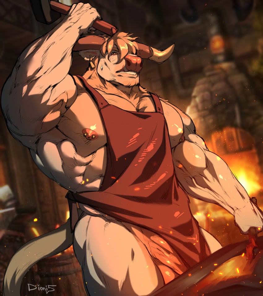 1boy apron artist_name bara blacksmith blurry blurry_background broad_shoulders commentary cow_boy dioni5 english_commentary furry furry_male hammer highres holding holding_hammer horns indoors large_pectorals male_focus muscular muscular_arms muscular_male naked_apron nipple_piercing nipples original pectorals piercing solo tail