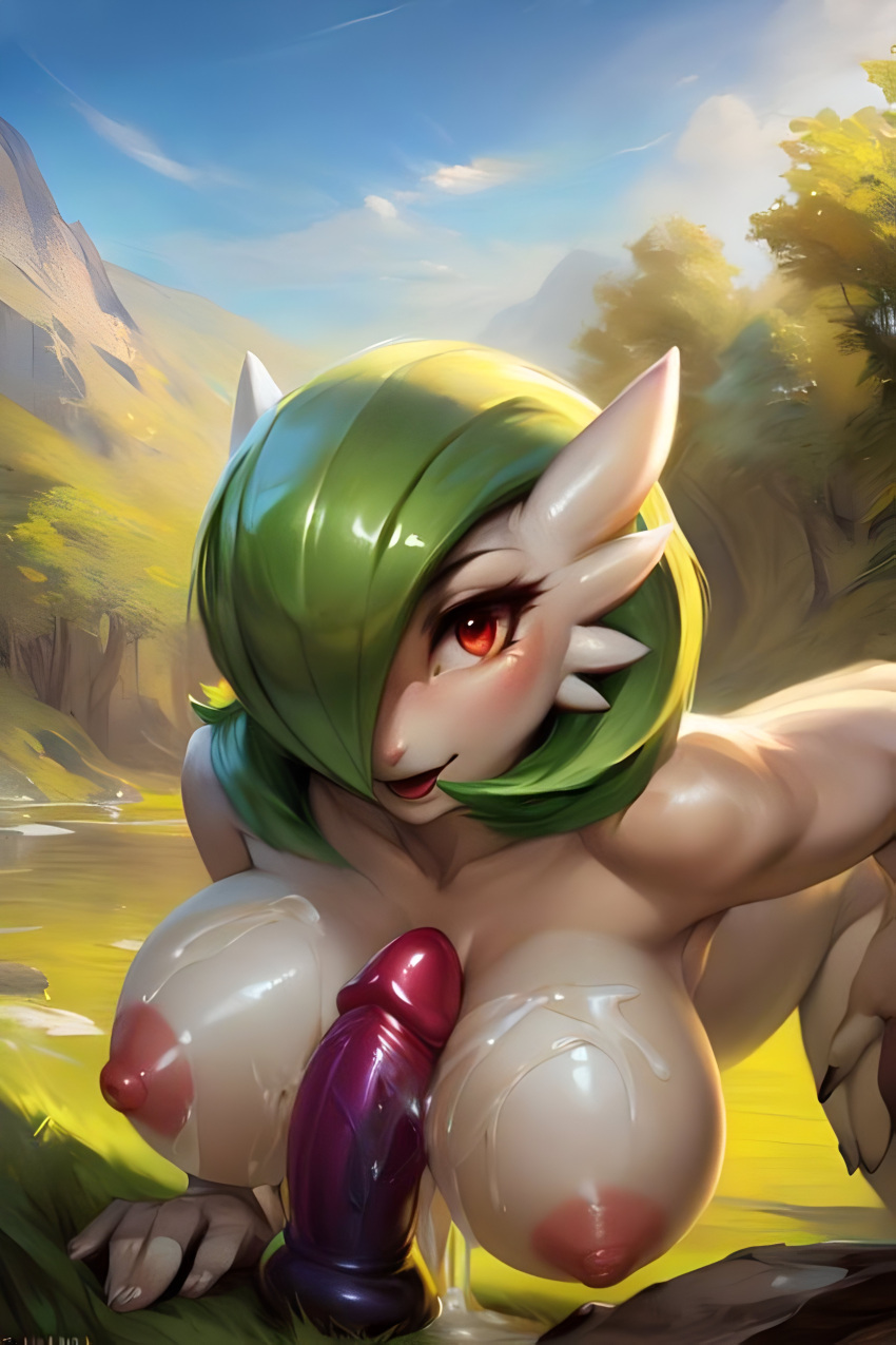 ai_generated big_breasts boobs_out breasts cum dildo female female_only furry furry_female gardevoir green_hair outdoors outside pokemon