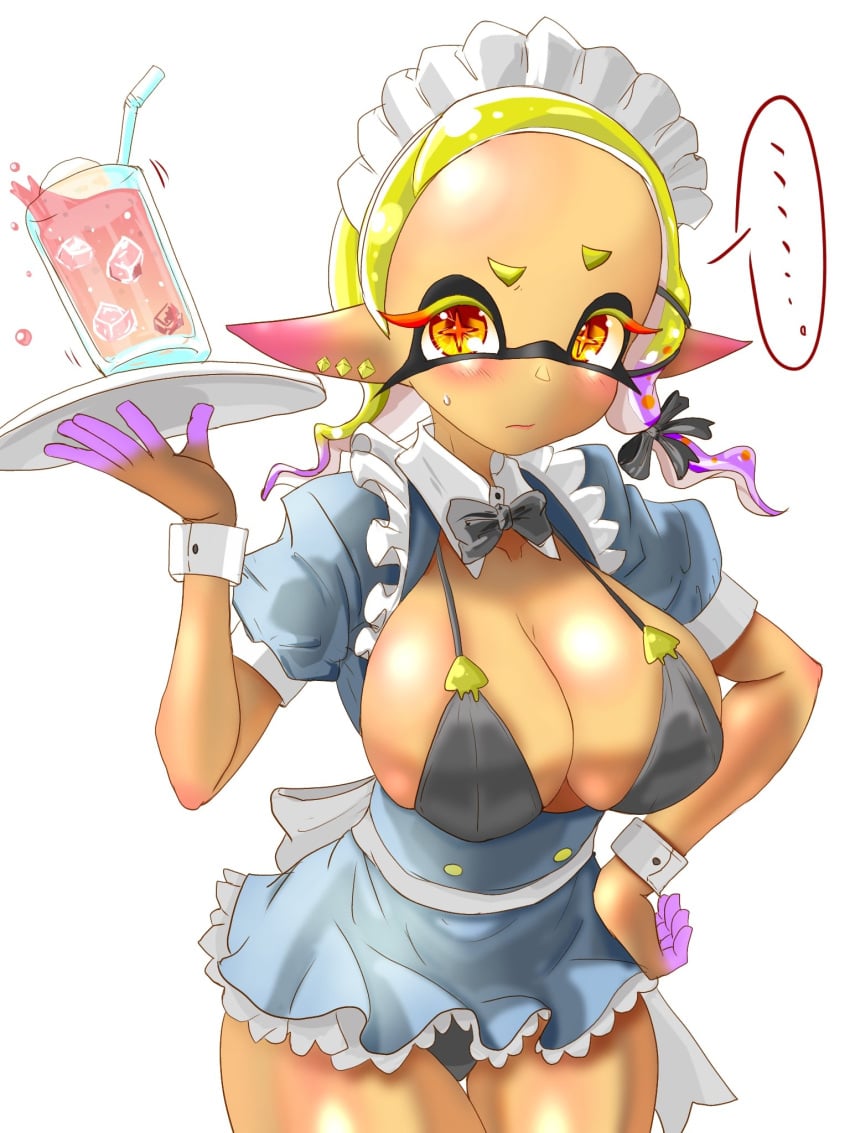 barely_contained big_breasts black_panties blush bowtie bra breasts collared_shirt dark-skinned_female detached_sleeves drink ear_piercing earrings elf_ears female frye_(splatoon) frye_onaga glass hair_ornament hair_ribbon headwear holding_object holding_plate maid maid_headdress maid_uniform micro_bikini microskirt miniskirt multicolored_hair nintendo panties pantyshot pantyshot_(standing) plate pointy_ears purple_hair solo splatoon splatoon_3 t2ukmyjm thick_thighs thighs two-tone_hair white_background yellow_eyes yellow_hair