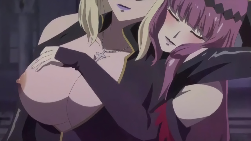 2girls blush breasts cleavage couple cross grope hair_ornament hasumi_rein jewelry lady_j large_breasts lipstick long_hair multiple_girls necklace nipples purple_hair purple_lipstick screencap smile valkyrie_drive valkyrie_drive_-mermaid- very_long_hair yuri