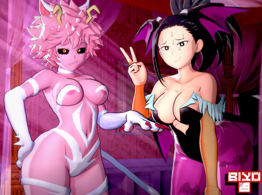 2girls 3d 3d_(artwork) animal_print bat_print big_breasts biyo black_eyes black_hair black_sclera breasts cat_ears cat_tail catgirl cosplay crossover darkstalkers felicia felicia_(cosplay) felicia_(darkstalkers) female female_only head_wings mina_ashido momo_yaoyorozu morrigan_aensland morrigan_aensland_(cosplay) multiple_girls my_hero_academia nervous nervous_smile pink_hair pink_skin succubus visible_nipples